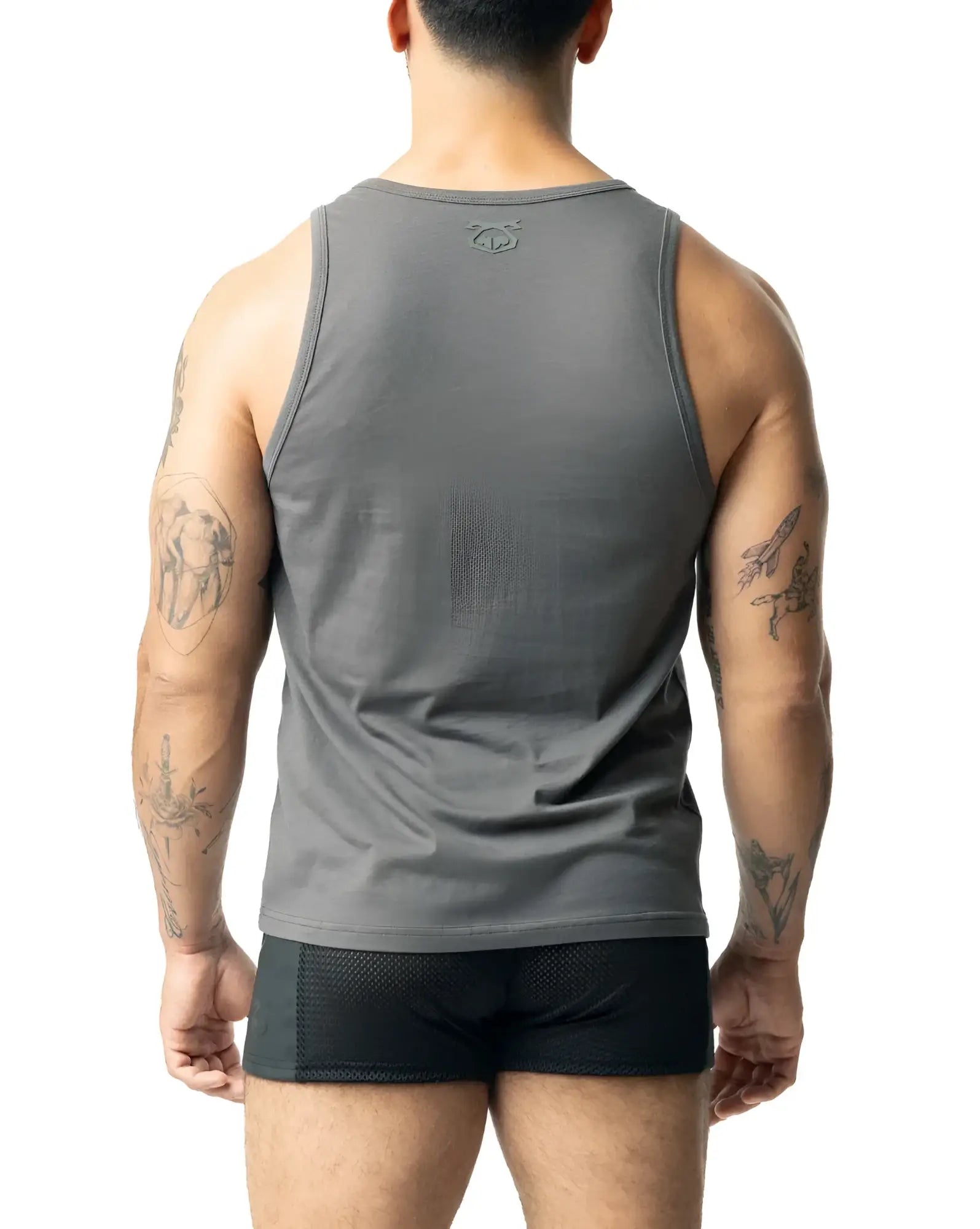 Gray sleeveless tank top branded as brandmark tank with a subtle logo at the neckline for casual wear