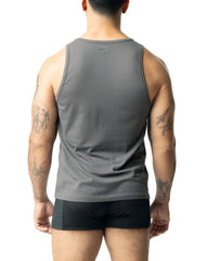 Gray sleeveless tank top branded as brandmark tank with a subtle logo at the neckline for casual wear