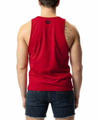 Back view of brandmark tank sleeveless red top with small black logo on upper back perfect for casual wear