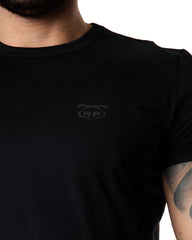 Black crew-neck brandmark tee with subtle dark gray logo on left chest perfect for casual wear