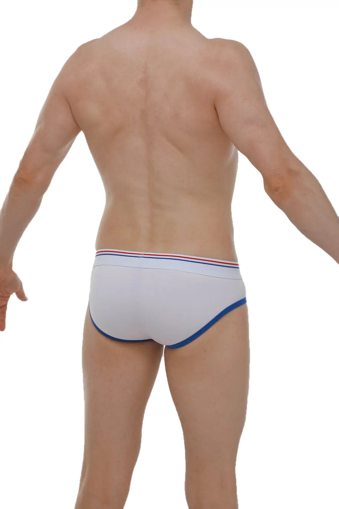 White briefs with blue trim and a thin red and blue striped waistband from brief andrew white collection