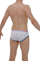 White briefs with blue trim and a thin red and blue striped waistband from brief andrew white collection