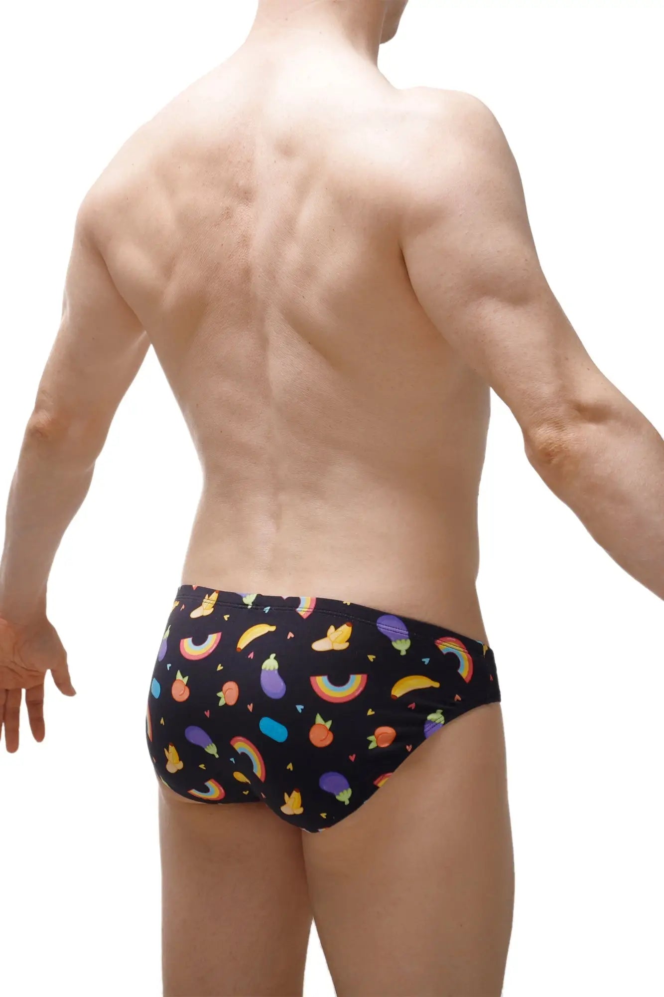 Black men’s briefs brief ansan sitges with colorful rainbows fruits and vegetables playful pattern on black fabric