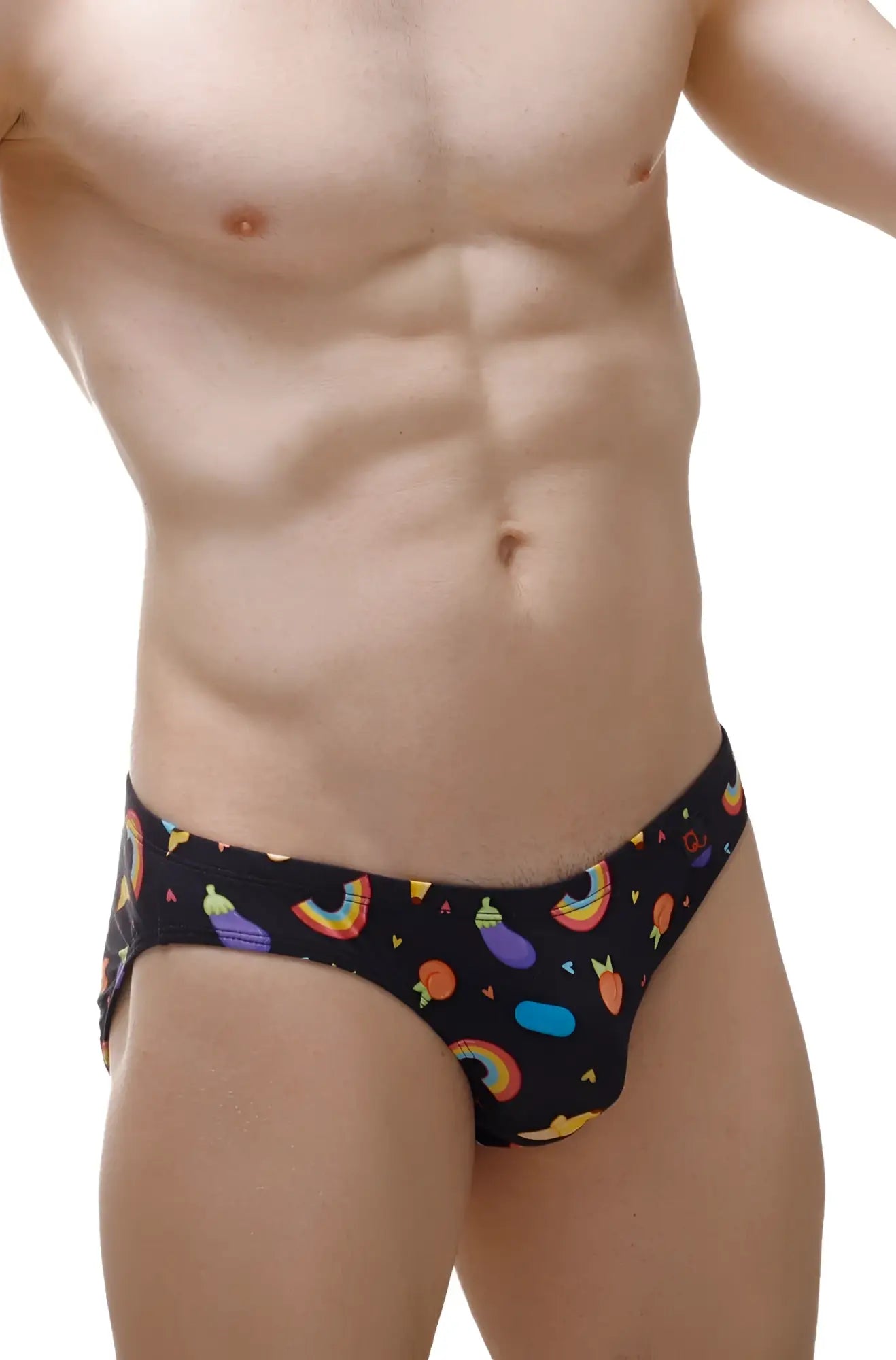 Black men’s briefs brief ansan sitges with playful rainbow arcs fruit slices and geometric shapes in vibrant colors
