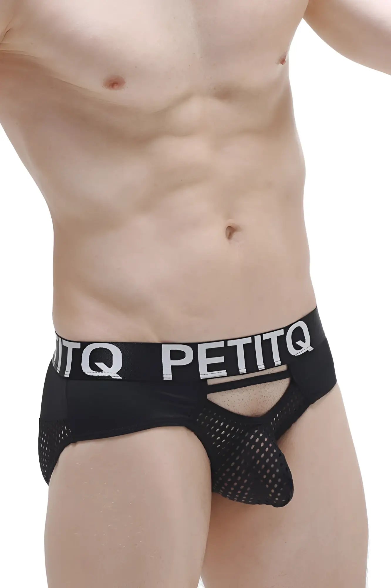 Black mesh briefs asserac with a bold white petitq logo band for comfortable stylish underwear