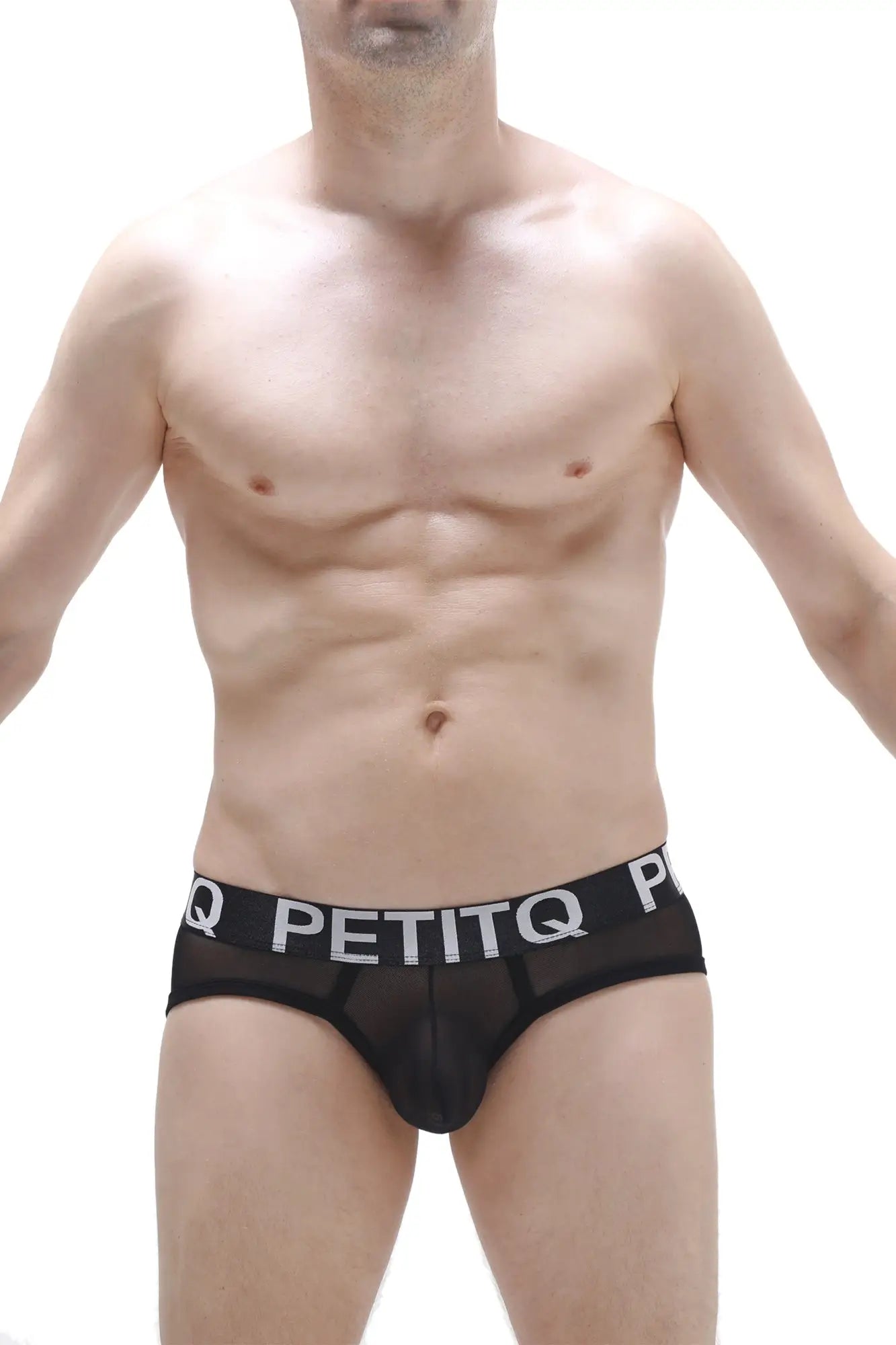 Black mesh briefs with a bold white petitq logo band from brief aurol net black collection