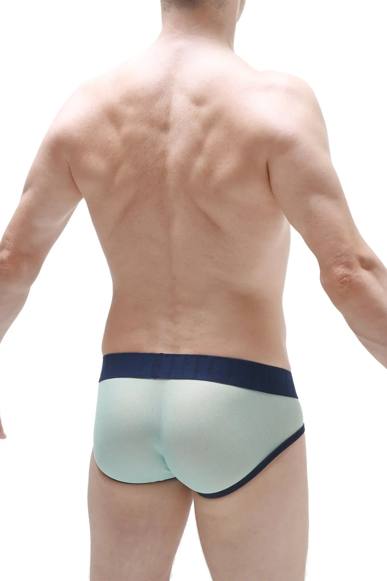 Brief aurol net teal light green translucent briefs with navy blue trim made of breathable mesh material