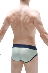 Brief aurol net teal light green translucent briefs with navy blue trim made of breathable mesh material