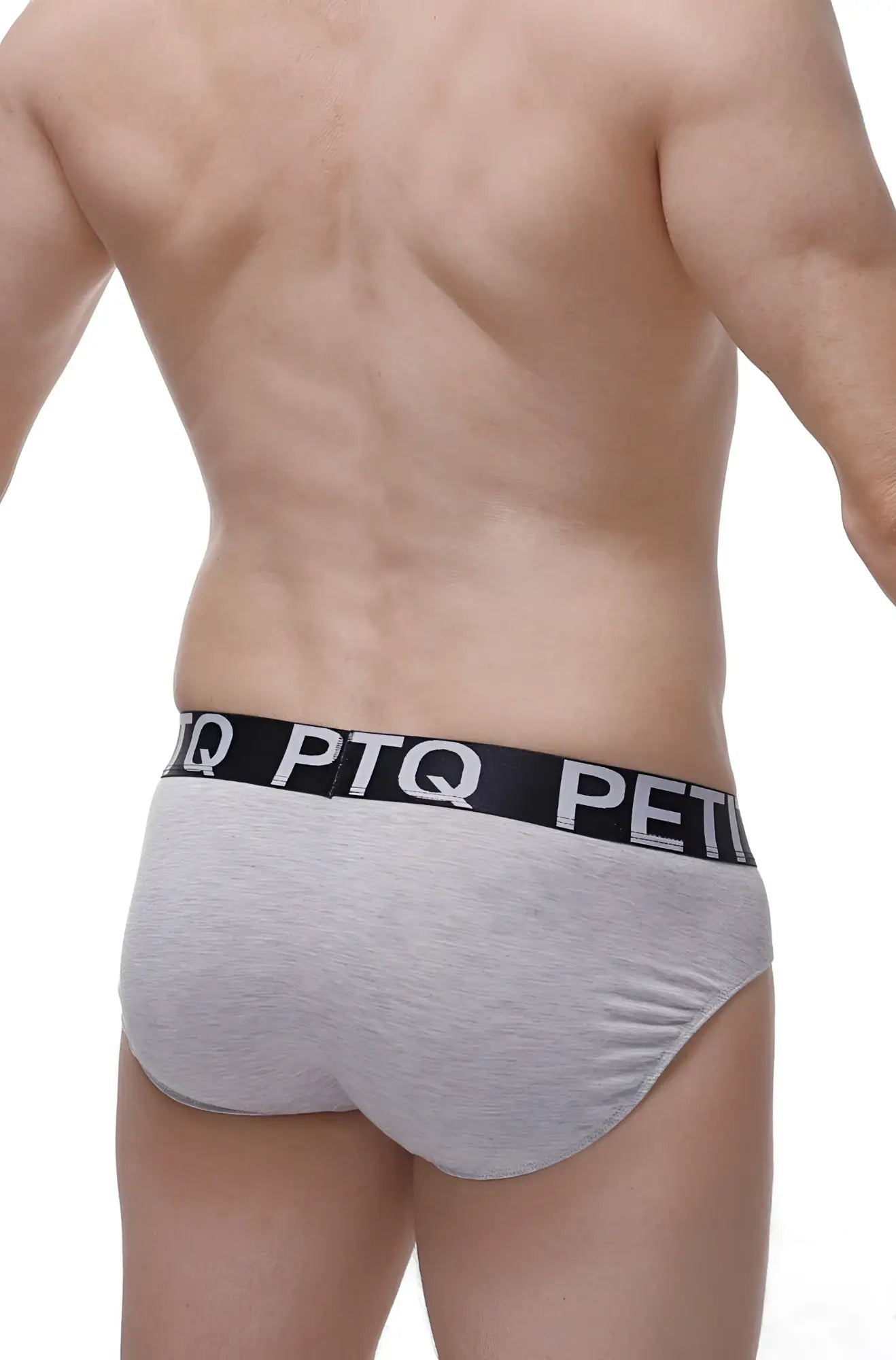 Gray heathered bamboo briefs with black elastic waistband featuring ptq logo in white lettering and built-in pad