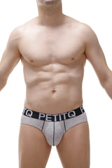 Gray petitq briefs with black elastic waistband and white branding made from bamboo fabric with pad for comfort
