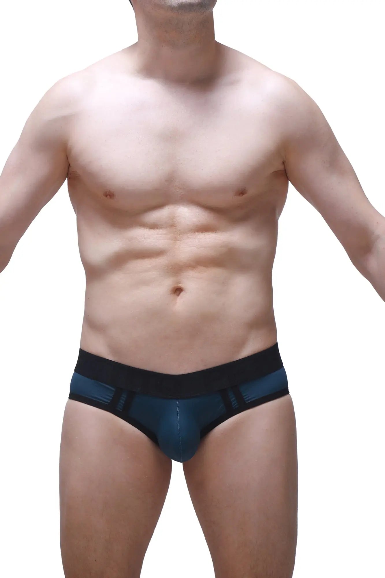 Dark blue athletic briefs with black elastic waistband and subtle geometric pattern accents in prussian blue