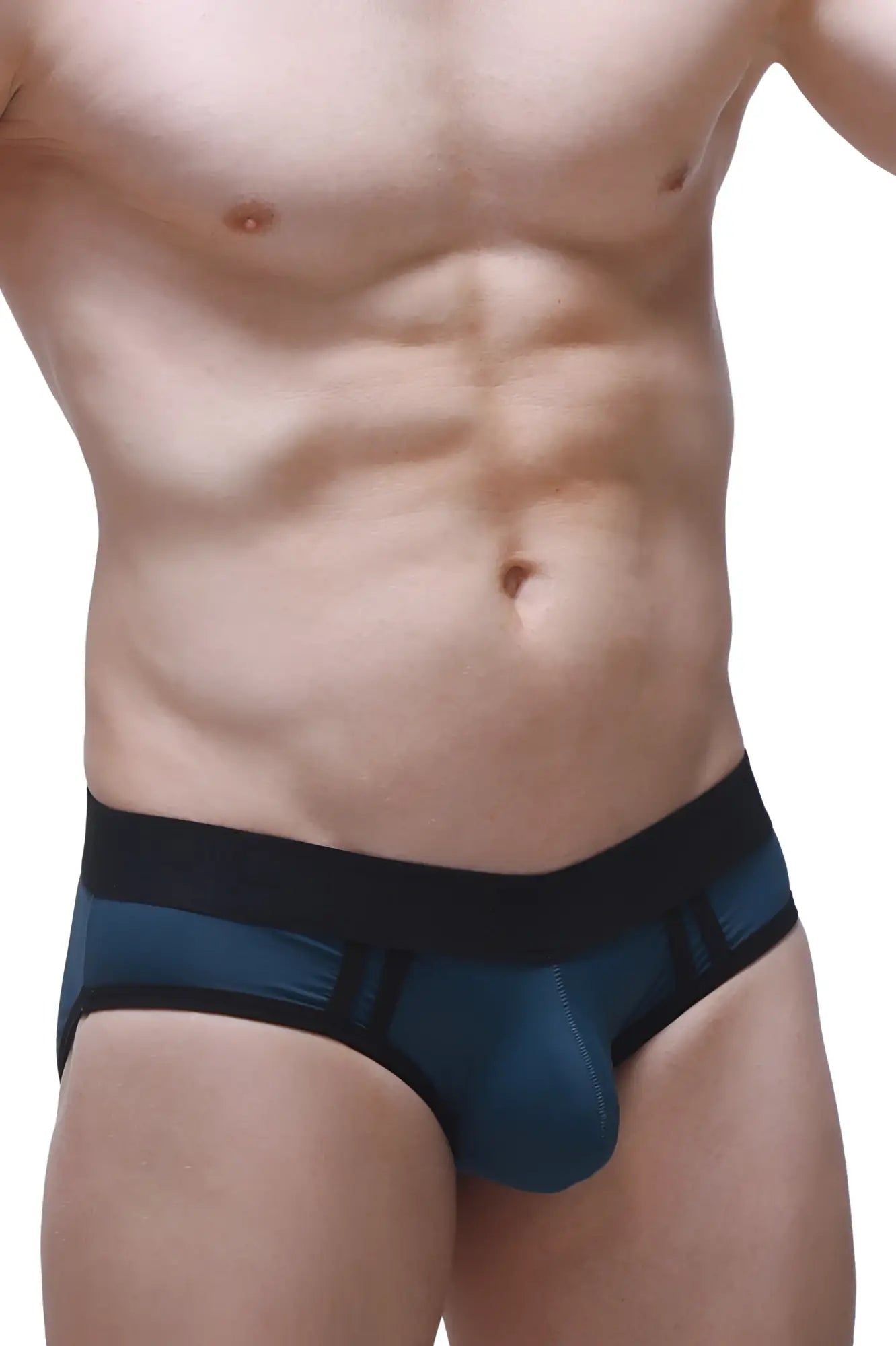 Dark blue and black contoured athletic briefs designed for support and comfort in Brief Bandes Prussian Blue style