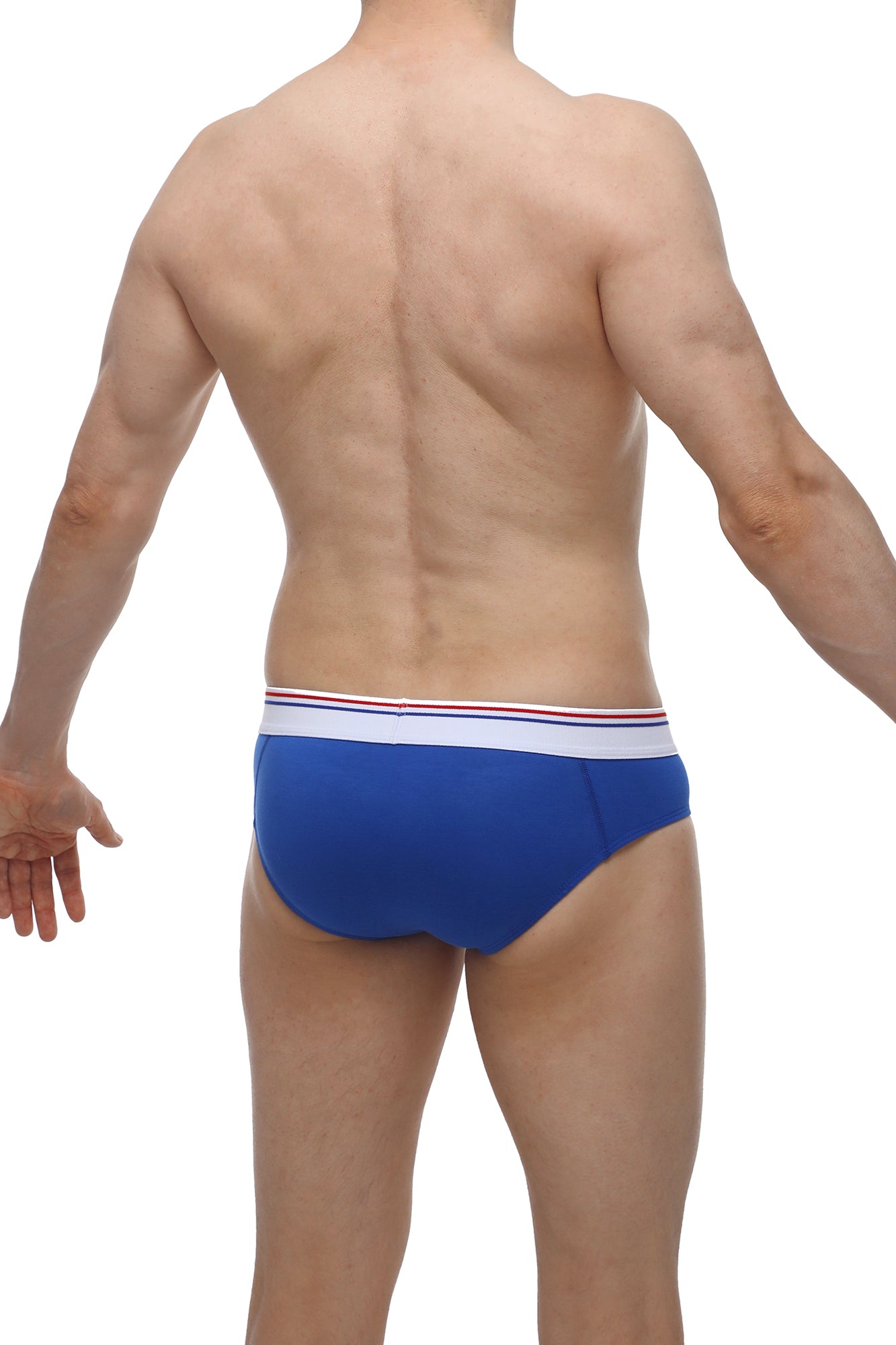 Blue men’s briefs brief banne blue with white waistband featuring thin red and blue stripes front view