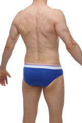 Blue men’s briefs brief banne blue with white waistband featuring thin red and blue stripes front view