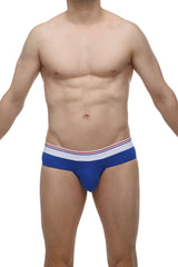Blue men’s briefs brief banne blue featuring a white waistband with thin red and blue stripes for comfortable wear
