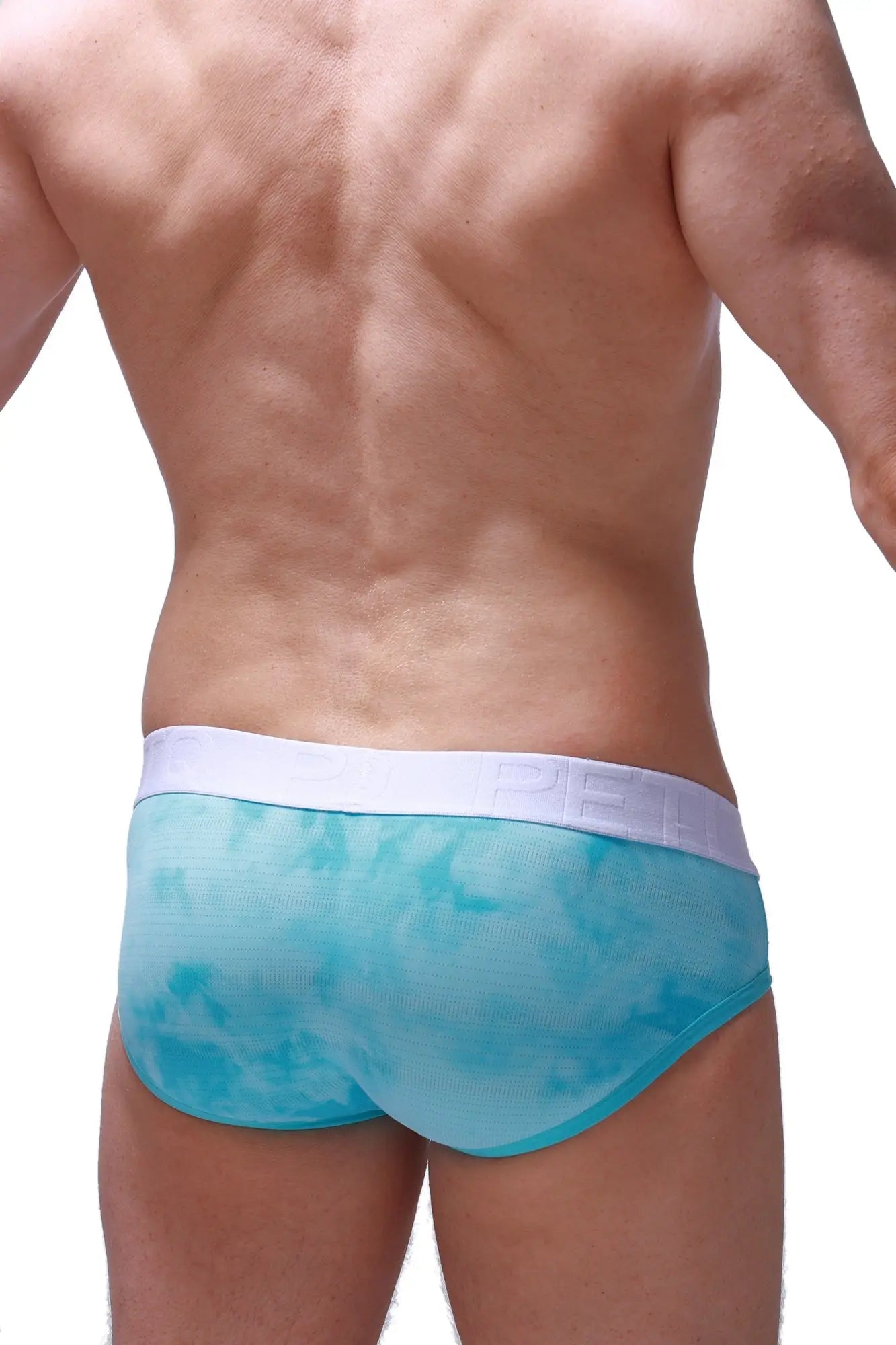 Brief bessay marbre green turquoise tie-dye men’s briefs with white pel branded elastic waistband front view