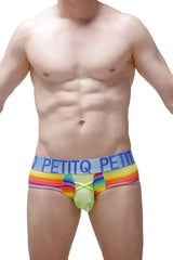 Brief biran andiol rainbow-striped petitq men’s briefs in neon green and blue with lace-up front detail