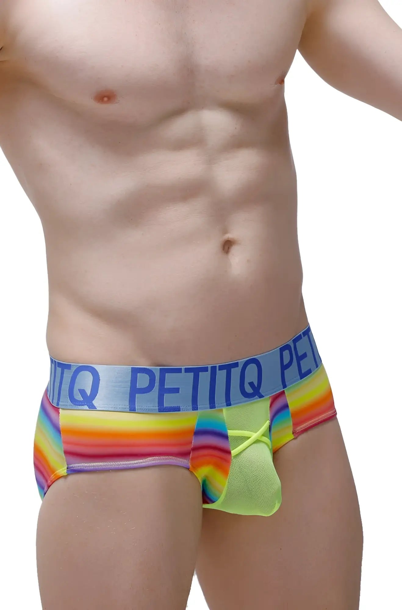 Rainbow-striped petitq men’s briefs brief biran andiol with neon green mesh pouch and blue waistband