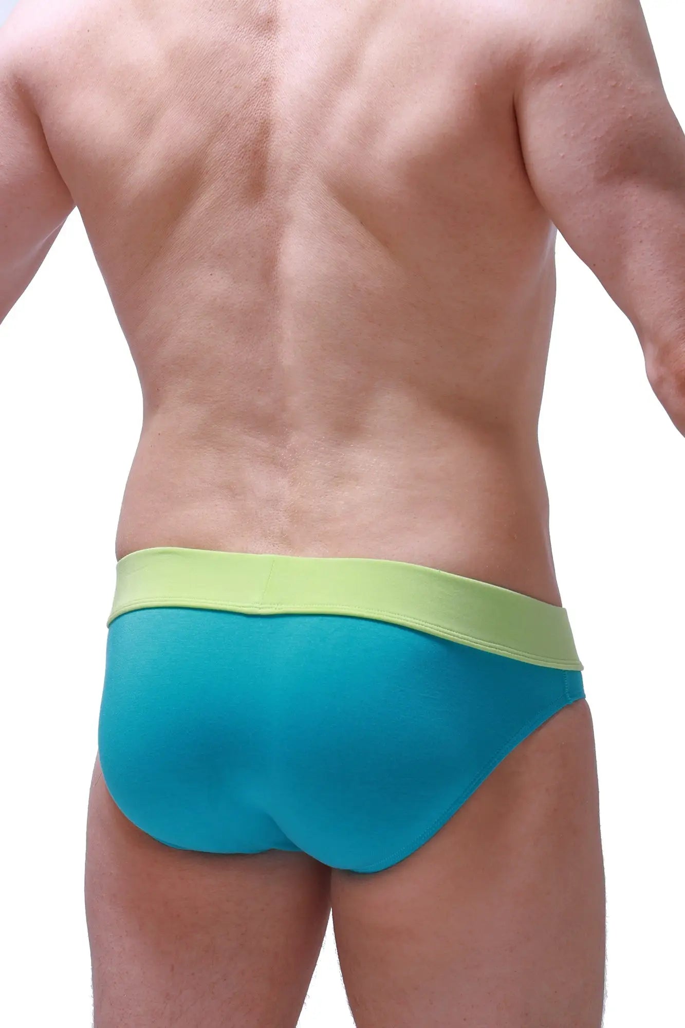 Turquoise and lime green Brief Blaru Tropical Green briefs with smooth stretchy fabric waistband front view