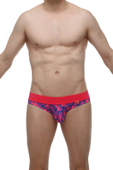 PetitQ brief Blaru tropical hearts vibrant pink and navy blue patterned briefs with bold red waistband for everyday wear