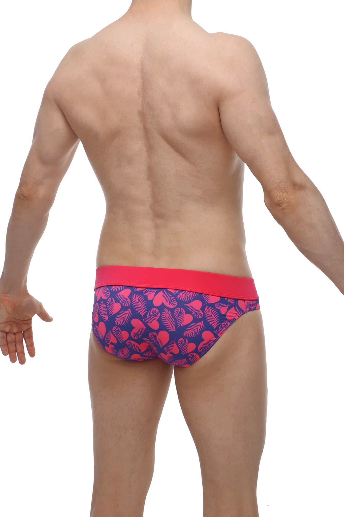 PetitQ brief Blaru tropical hearts men’s briefs with pink and navy heart and leaf pattern and solid red waistband