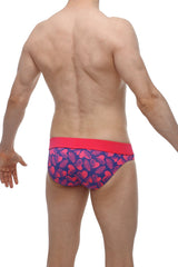 PetitQ brief Blaru tropical hearts men’s briefs with pink and navy heart and leaf pattern and solid red waistband
