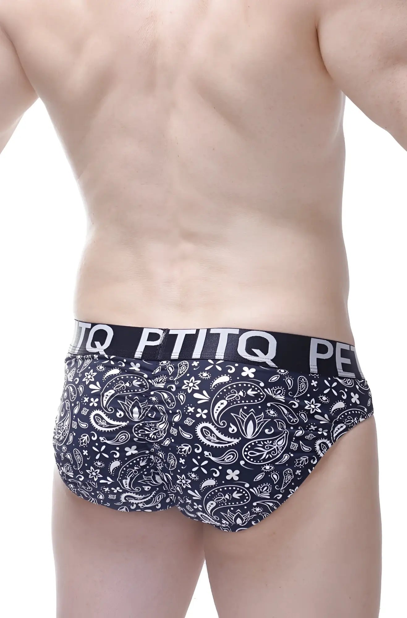 Black and white paisley patterned men’s briefs with branded elastic waistband brief bulan bandana design