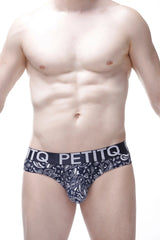 Black and white paisley patterned men’s briefs with a black petitq logo waistband in brief bulan bandana design