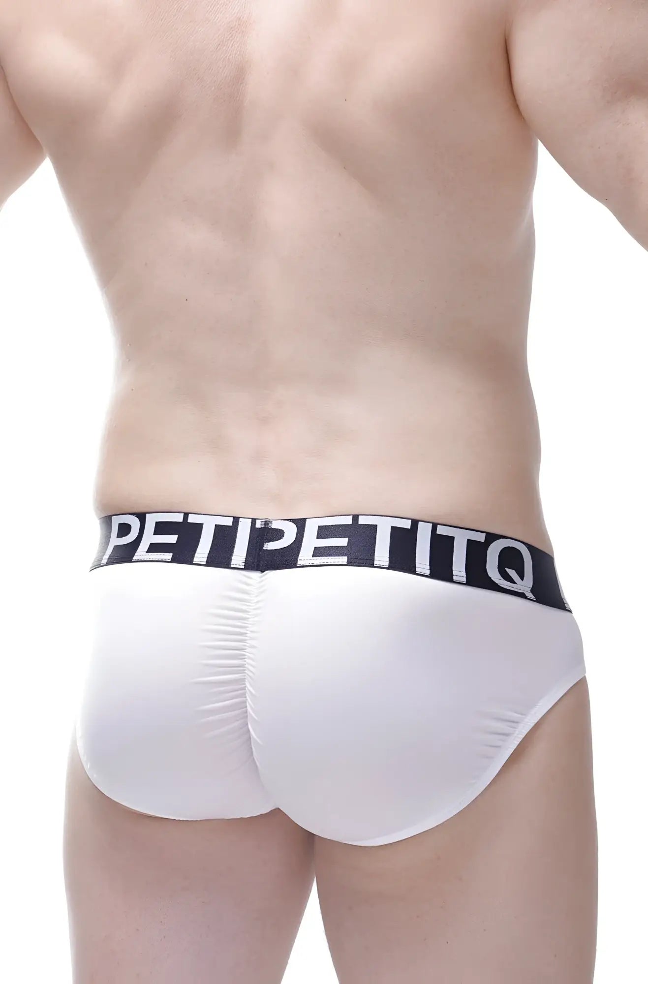 White men’s briefs bulan plum white with black elastic waistband and bold petipetitq logo in white letters