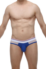 Blue men’s briefs brief clans blue with white and red striped waistband and mesh side panels
