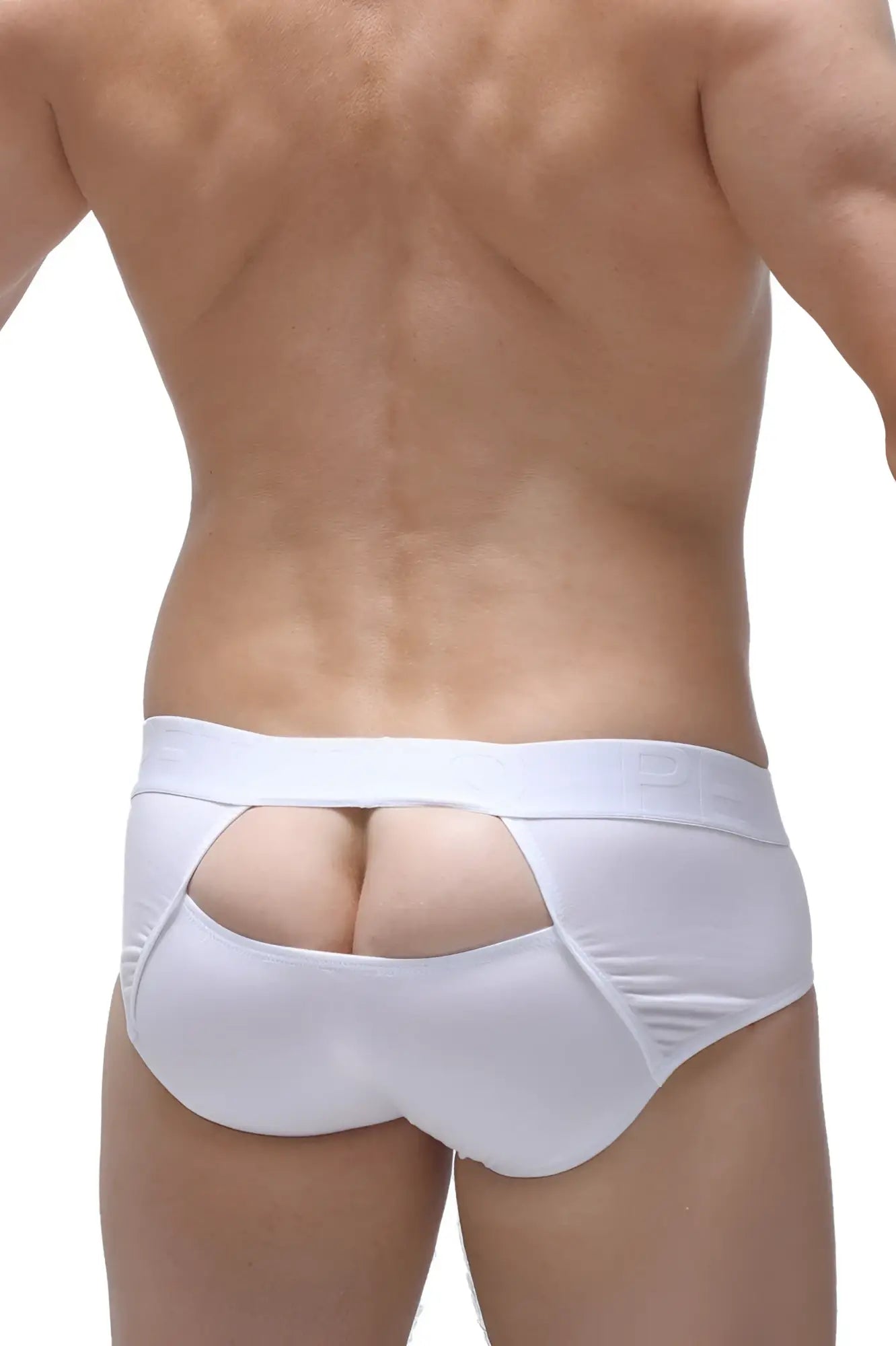 The back side of brief cernin modal white form-fitting men’s briefs in white with a distinctive cutout design
