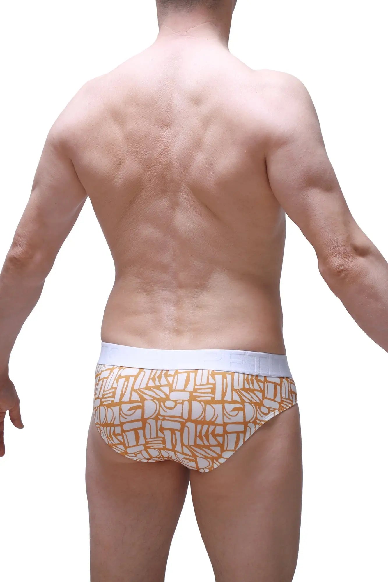 Brief chill carlot alloy orange and white patterned briefs with geometric design showing front side