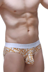 Orange and white patterned men’s briefs with a solid white elastic waistband from the brief chill carlot alloy collection
