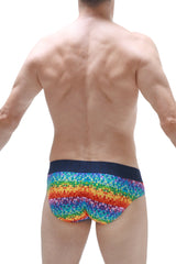 Rainbow-patterned PetitQ Brief Chill Max Kaleidoscope men’s briefs with dark blue waistband for comfortable wear
