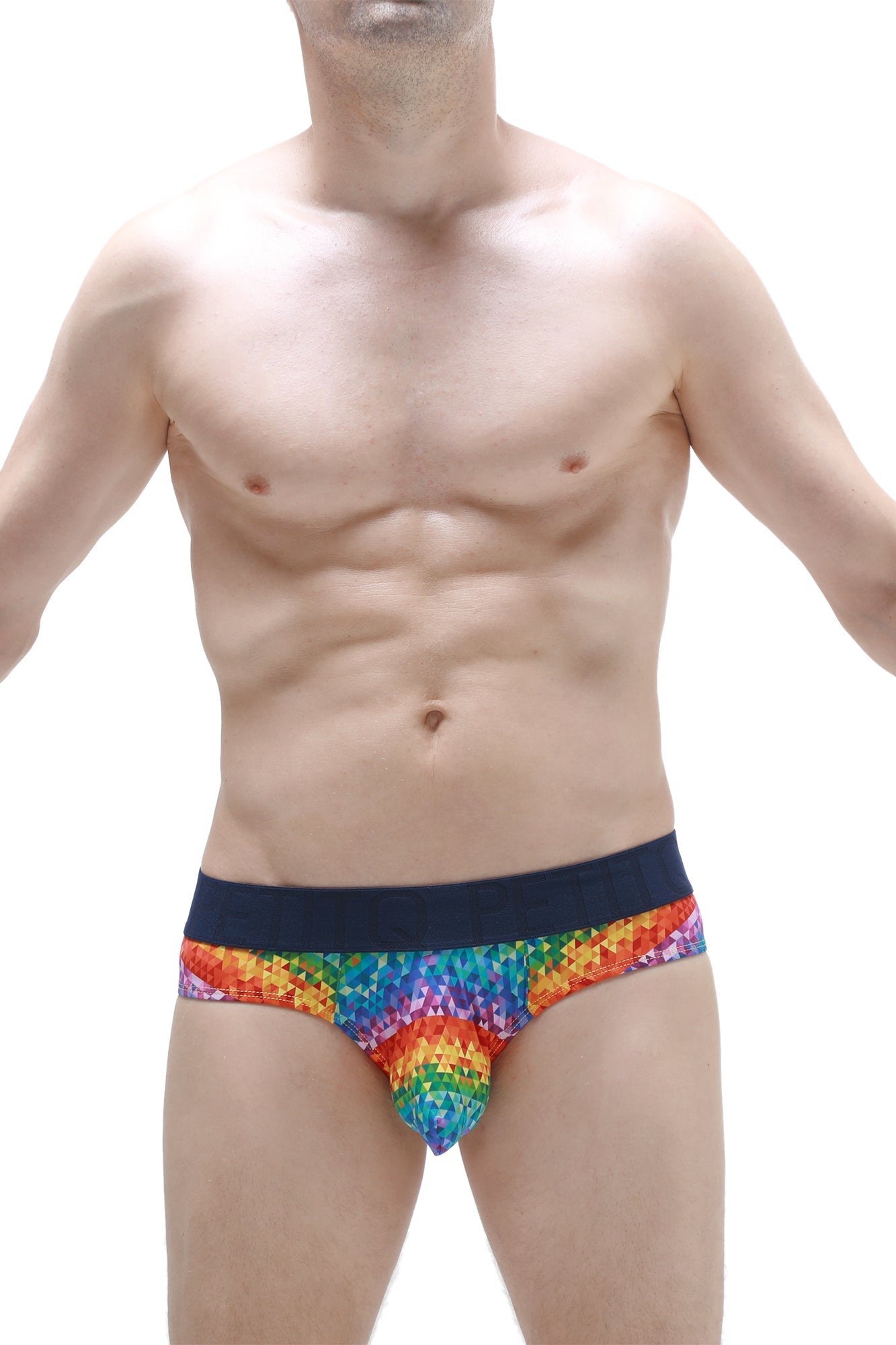 Rainbow-patterned petitq brief chill max kaleidoscope men’s briefs with a dark blue waistband for comfortable wear