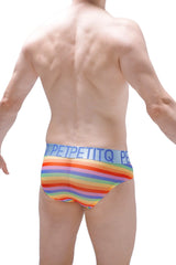 Brief chill net rainbow rainbow-striped men’s briefs with light blue waistband and petpetitq logo for comfortable wear
