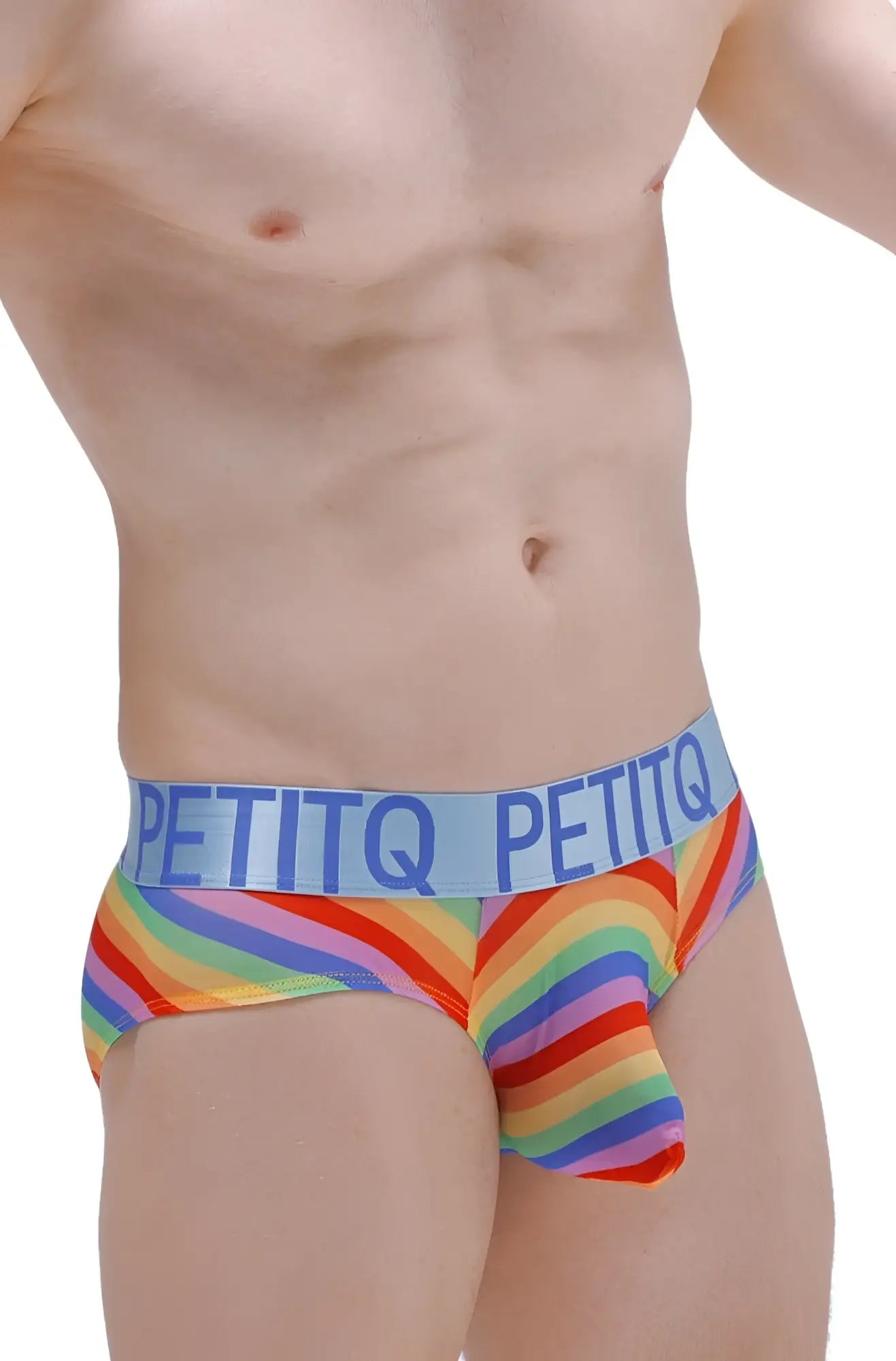 Brief chill net rainbow men’s briefs with rainbow stripes and a light blue petitq waistband in bold letters