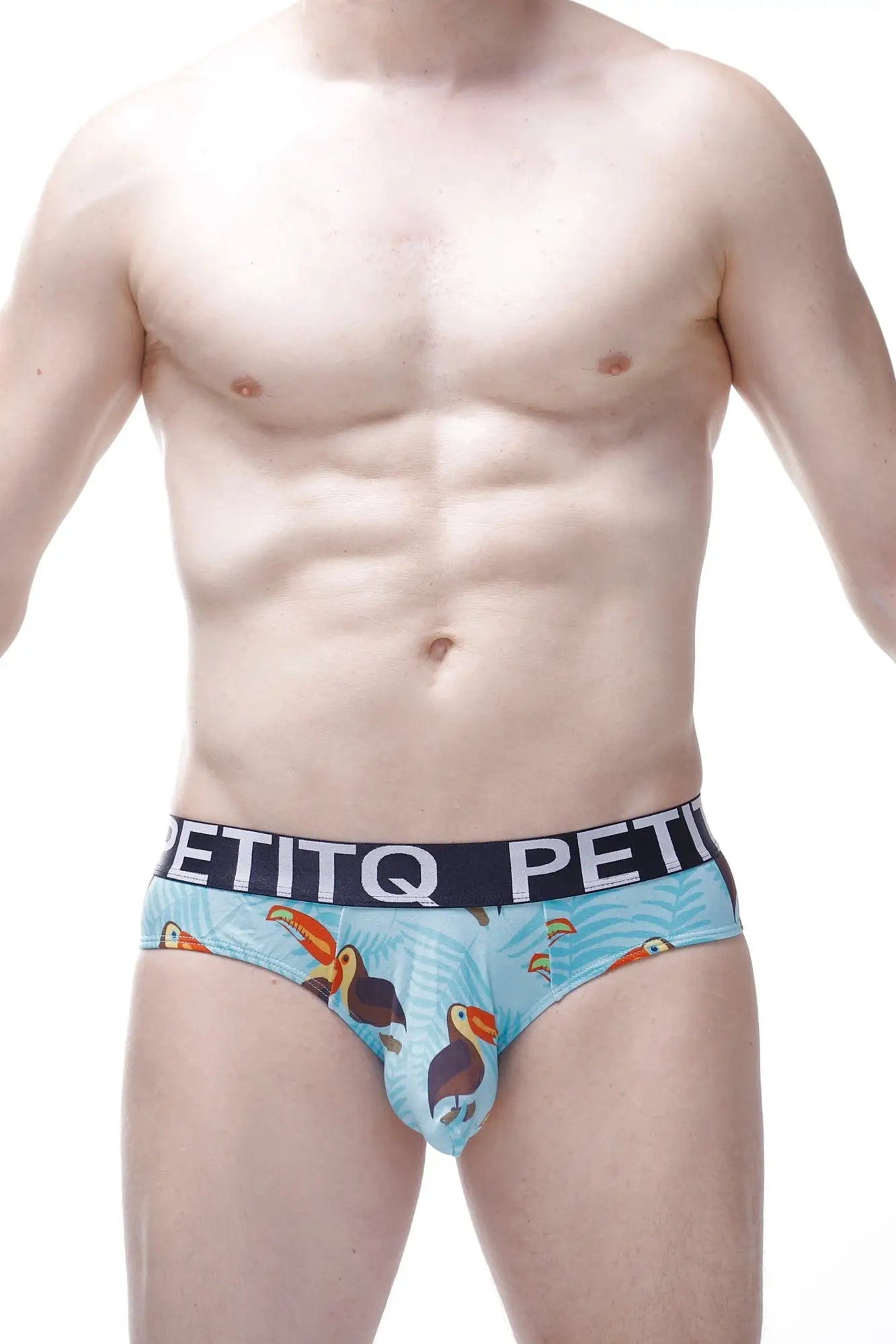 Light blue men’s briefs with a playful toucan pattern and black petitq branded elastic waistband Brief Chill Toucan