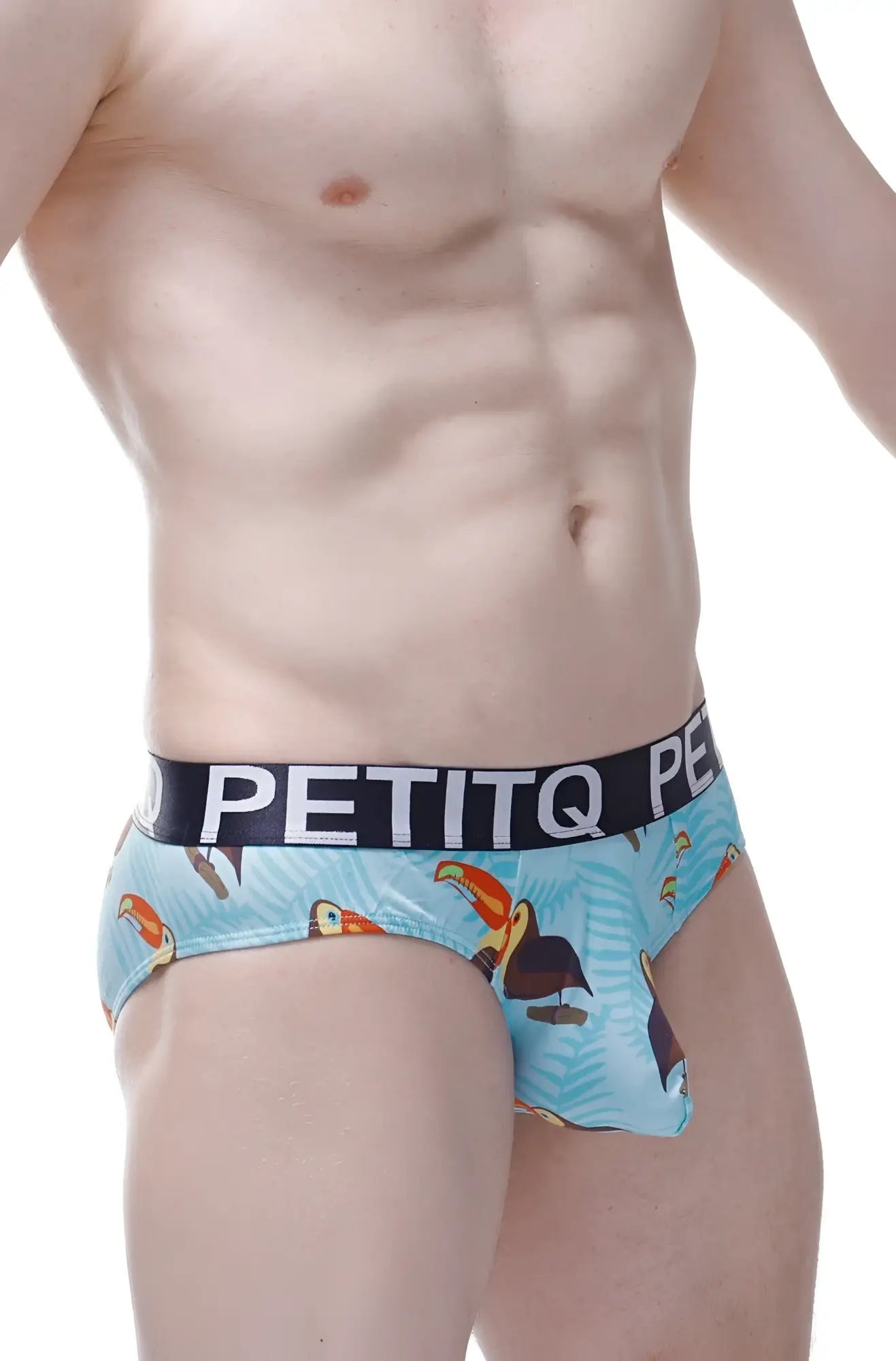 Light blue men’s briefs with vibrant toucan and palm leaf pattern and black elastic waistband branded petitq brief chill toucan
