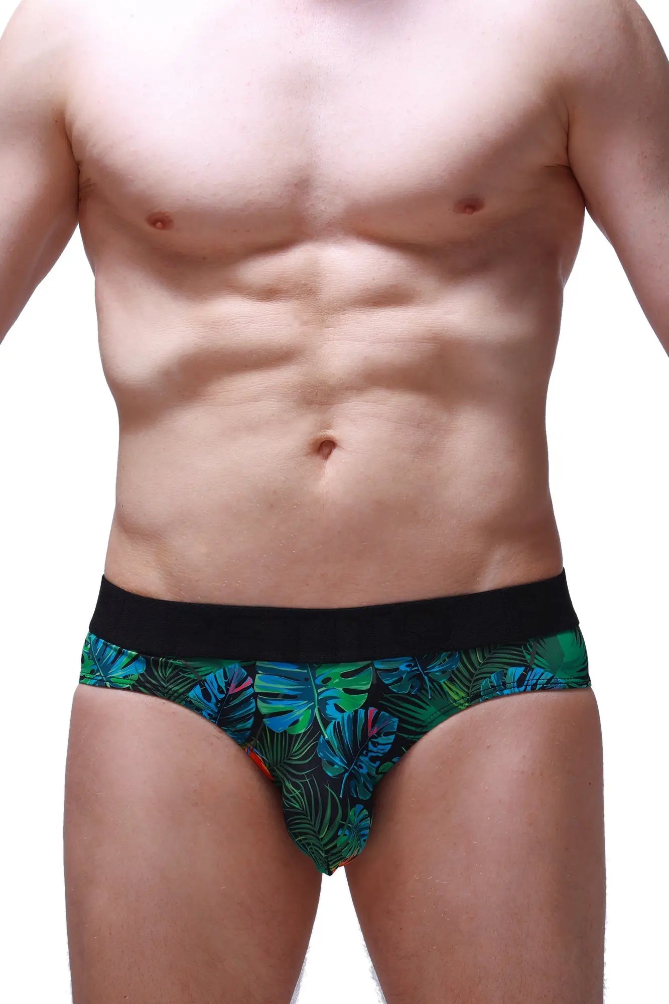 Brief chillax tropical men’s briefs with green and blue tropical leaf print and black elastic waistband