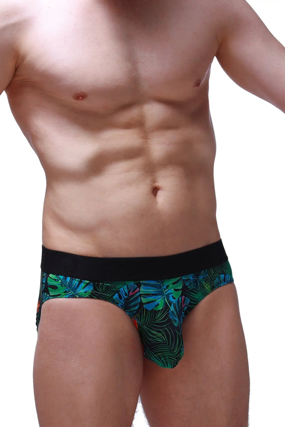 Men’s brief chillax tropical tropical leaf patterned briefs with black elastic waistband for casual comfort