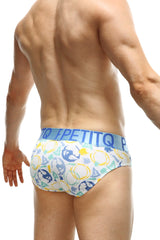 Brief circles white briefs with playful blue yellow and green circle pattern and light blue petitq waistband