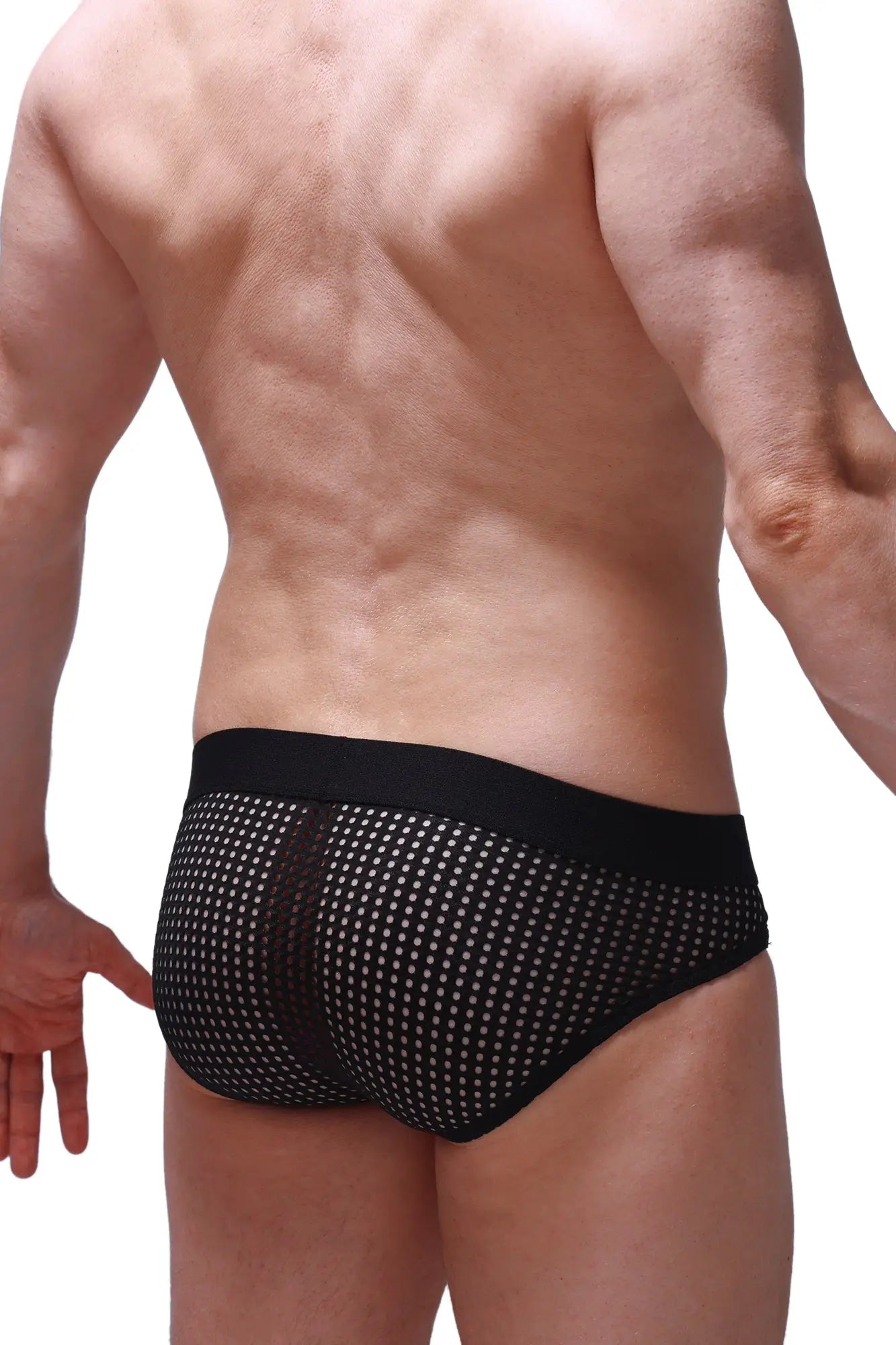 Brief Dolmen Durtol black mesh briefs with white dot pattern and solid black waistband front view