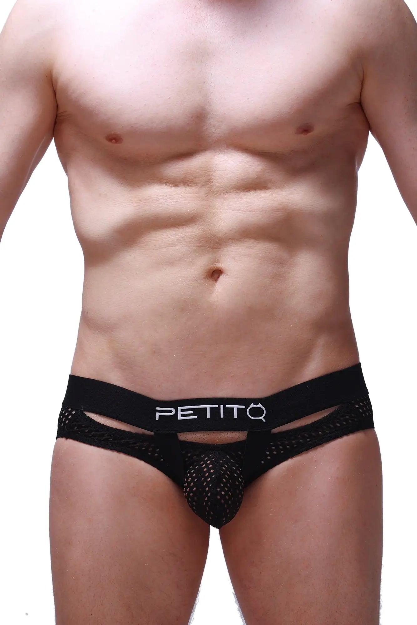 Black mesh briefs with white petitq logo on the waistband from brief dolmen durtol black collection