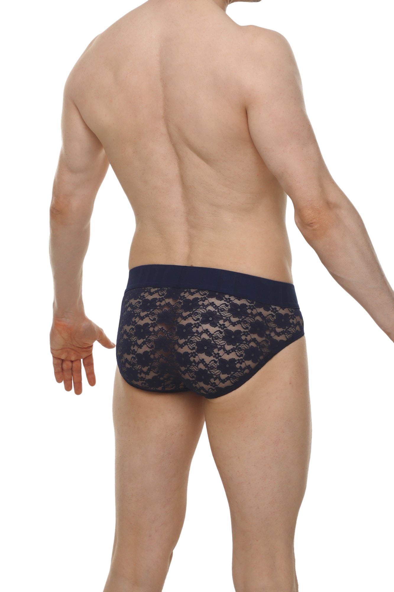 Dark blue lace briefs with a solid waistband made of lace material for comfortable everyday wear