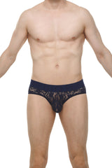 Navy blue lace briefs with sheer intricate floral pattern and solid waistband in brief dome lace navy design