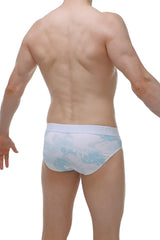 Light blue and white patterned men’s briefs with subtle geometric design from Brief Dome Marbre Sky Blue collection