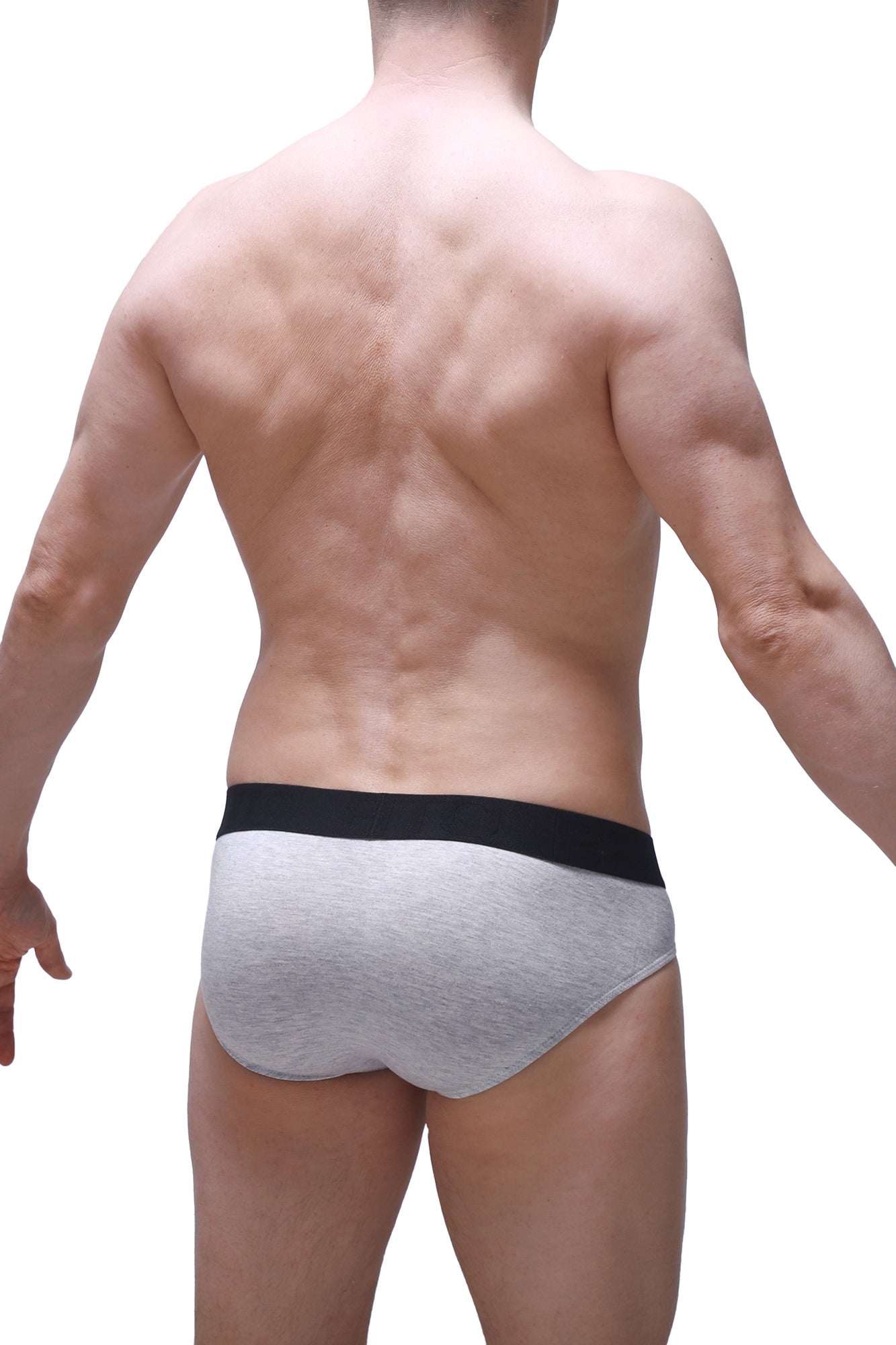 Gray athletic briefs with black elastic waistband made from dome modal fabric by petitq for comfortable support