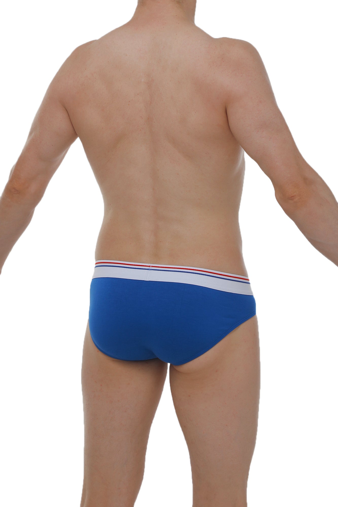 PetitQ brief dome modal blue men’s briefs in blue with white waistband featuring thin red and blue stripes
