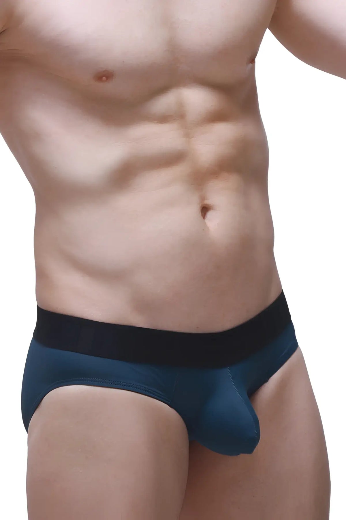 Navy blue and black men’s briefs with a solid elastic waistband in prussian blue from Brief Dome
